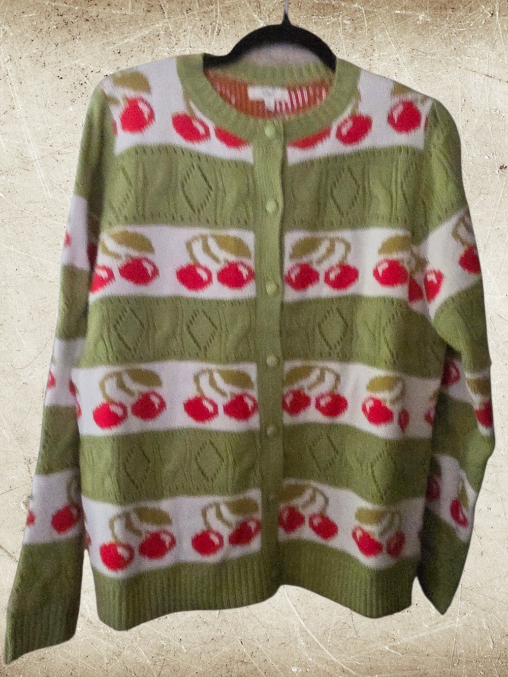 easel Olive Green Cherry-Print Button Cardigan
